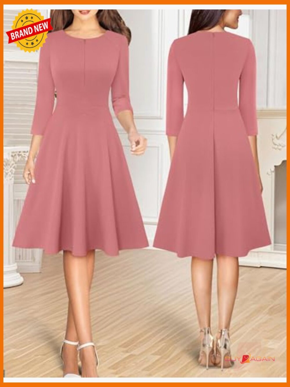 Front Zipper A-Line Dress 3/4 Sleeve Work Office Swing Knee Length - Picture 2 of 5